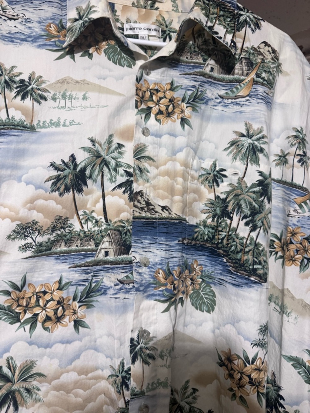 Pierre Cardin Hawaiian Shirt Mens 2XLT Island Scene Boat Palm Button - Picture 2 of 8
